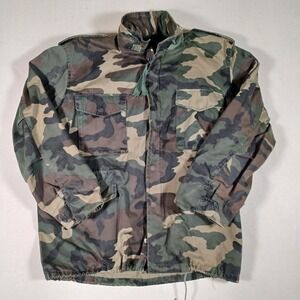 Duck Bay Vintage 4 Pocket Camo Concealed Hood Field Army Style Jacket Snap Large